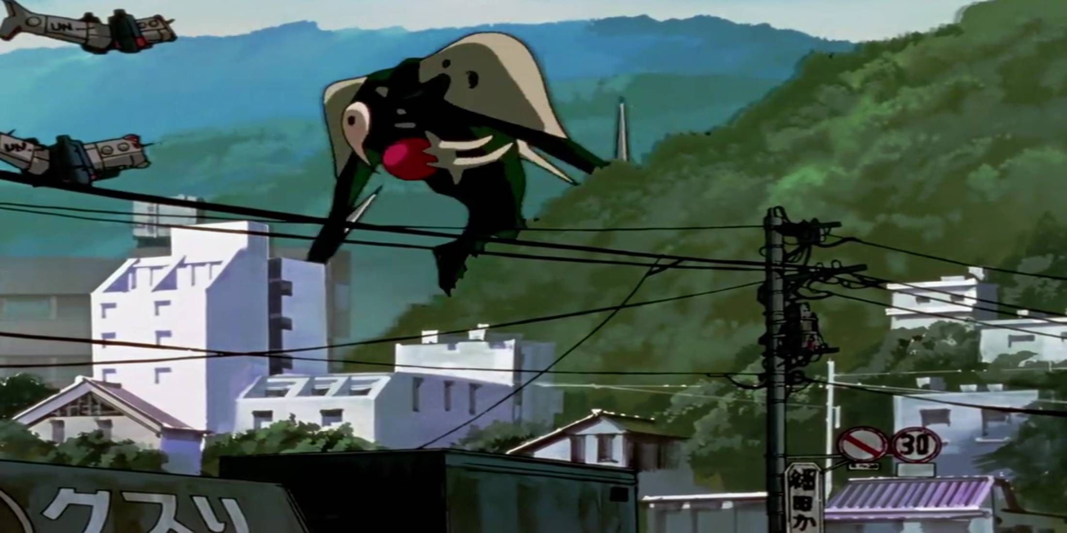 Neon Genesis Evangelion Episode 1 Angel fighting Japanese military while Angel destroys terrain