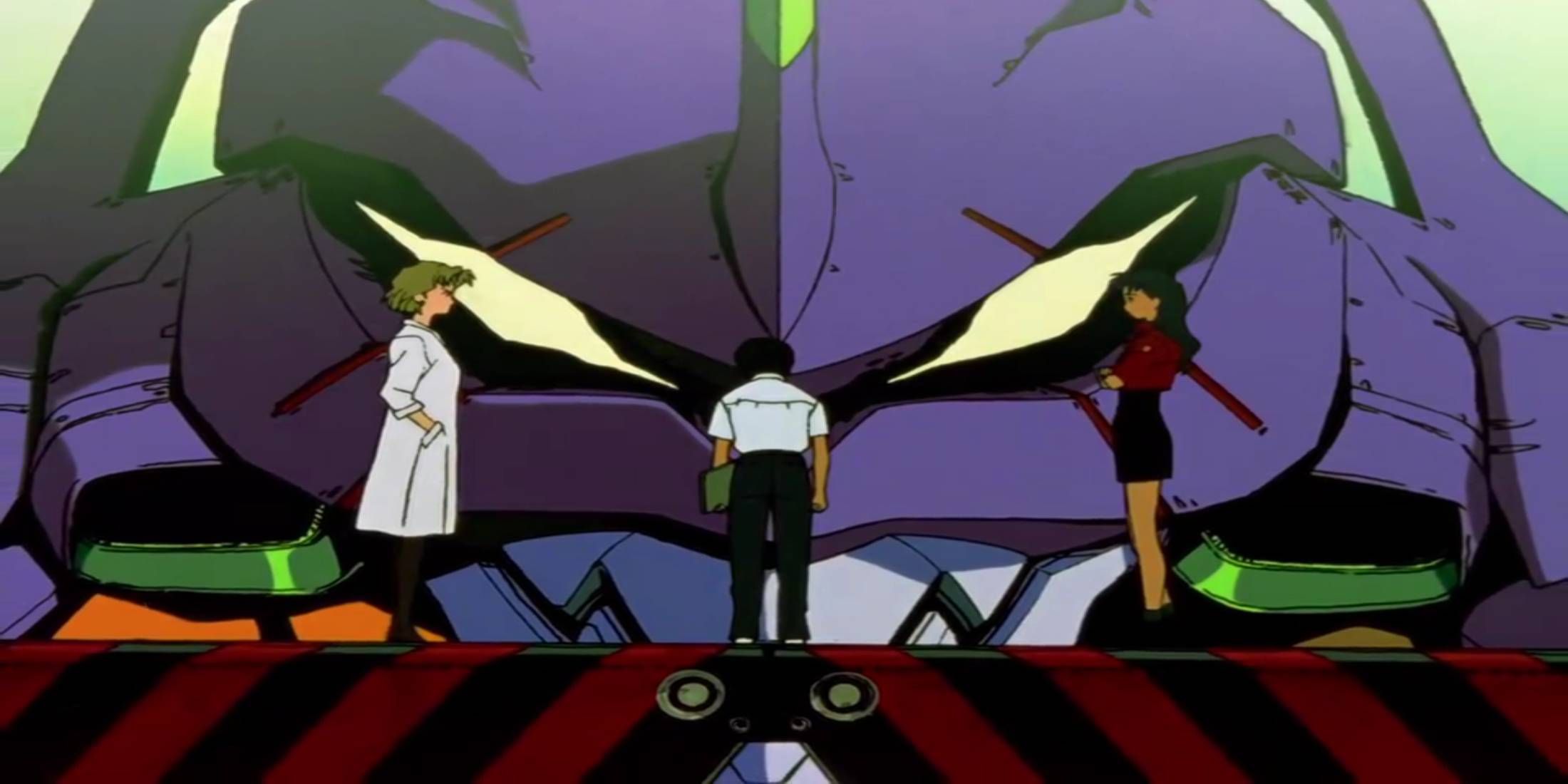 Neon Genesis Evangelion Episode 1 Ritsuko Akagi and Misato Katsurgi trying to convince Shinji Ikari to get inside Evangelion Unit-01
