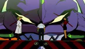 Neon Genesis Evangelion Episode 1 Ritsuko Akagi and Misato Katsurgi trying to convince Shinji Ikari to get inside Evangelion Unit-01