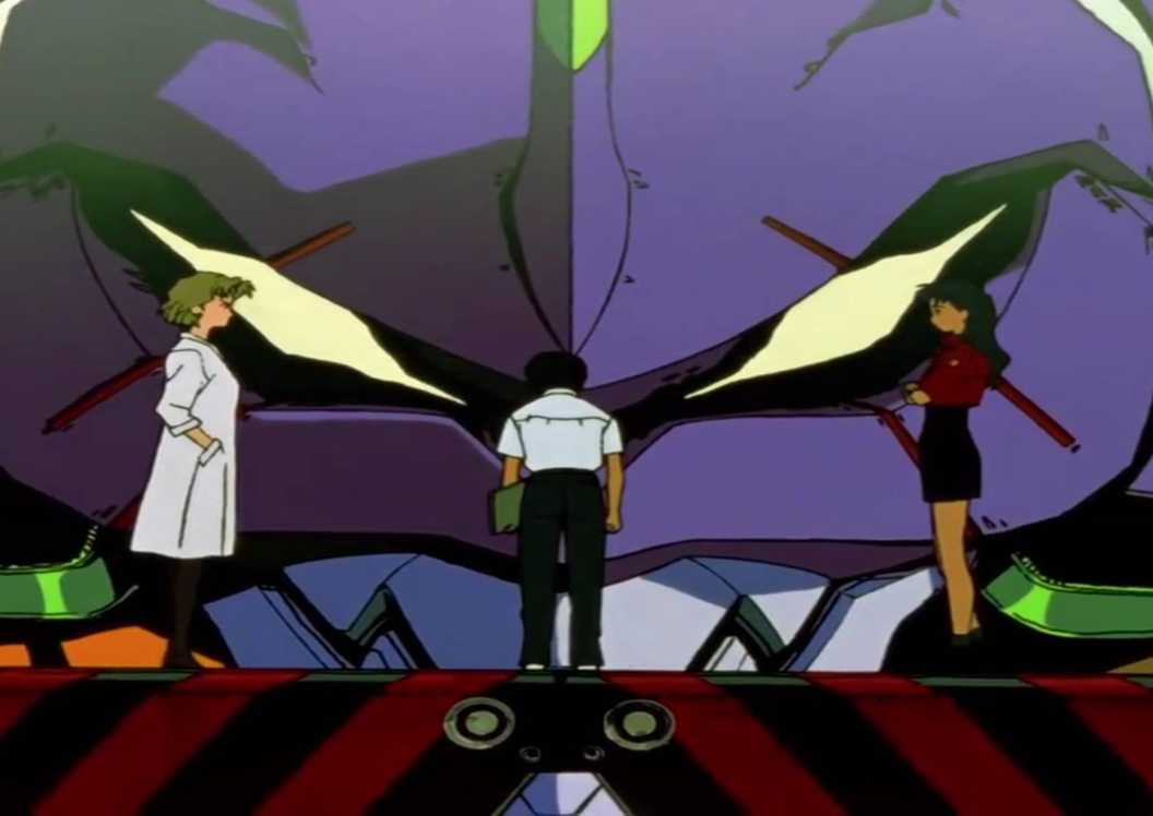 Neon Genesis Evangelion Episode 1 Ritsuko Akagi and Misato Katsurgi trying to convince Shinji Ikari to get inside Evangelion Unit-01