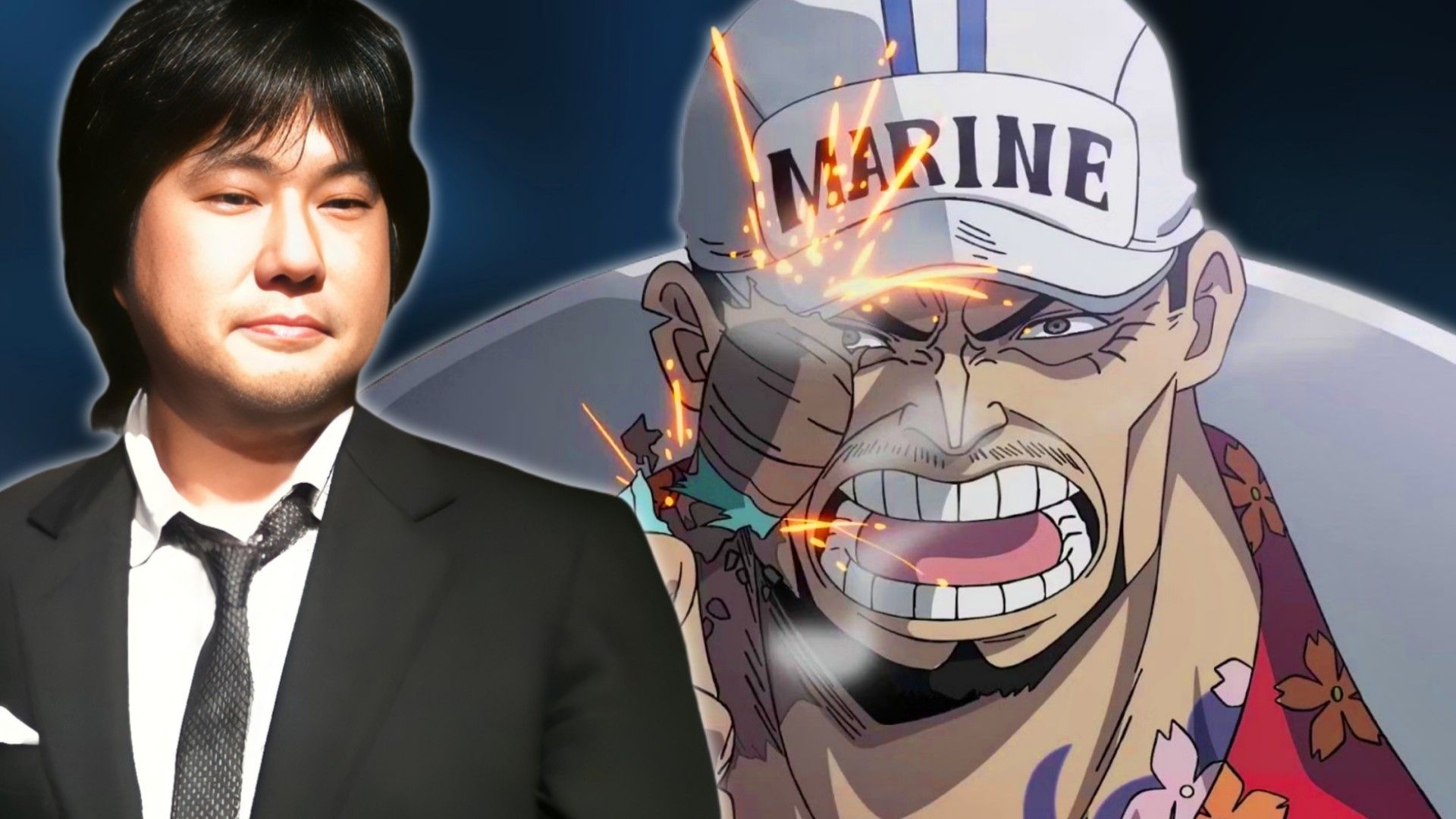 An image of One Piece creator Eiichiro Oda next to Akainu, who bears a striking resemblance to the new Holy Knight