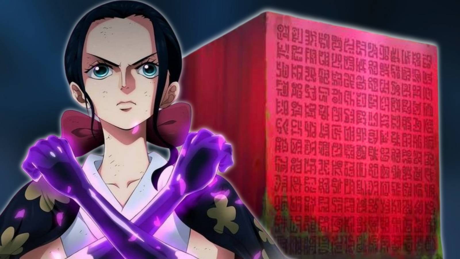 Nico Robin on the left next to a Poneglyph from One Piece