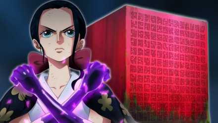 Nico Robin on the left next to Poneglyph from One Piece