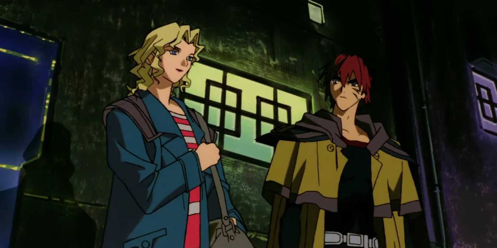 Outlaw Star Episode 1 Gene Starwind and a disguised Rachel Sweet (Hilda) about to be attacked