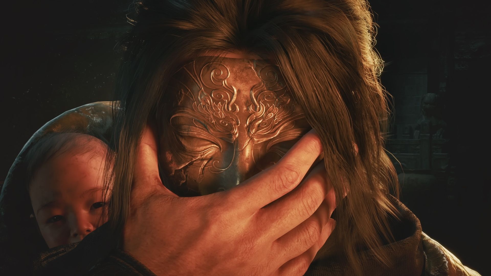 Phantom Blade Zero unmasking character with baby on his back
