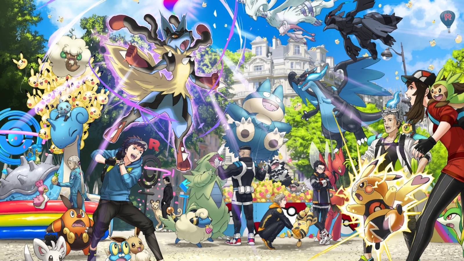 Pokemon GO image with a bunch of Pokemon including Pikachu, Lapras, and more