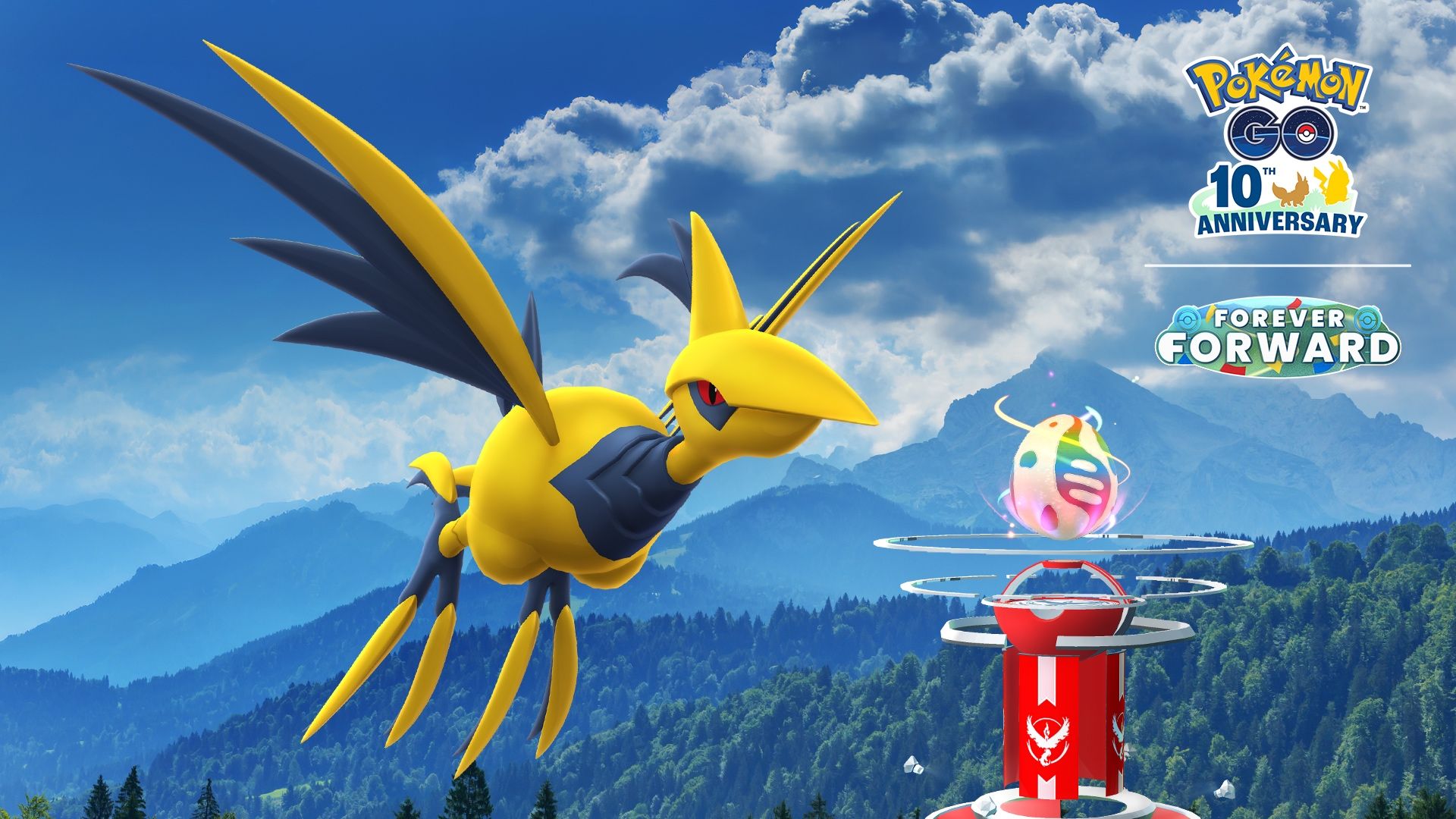 Pokemon GO Mega Skarmory flying near a gym