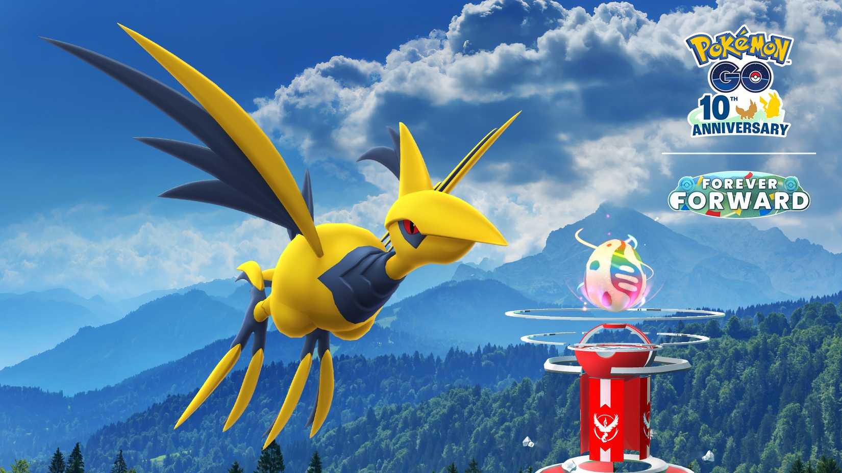 Pokemon GO Mega Skarmory flying near the gym