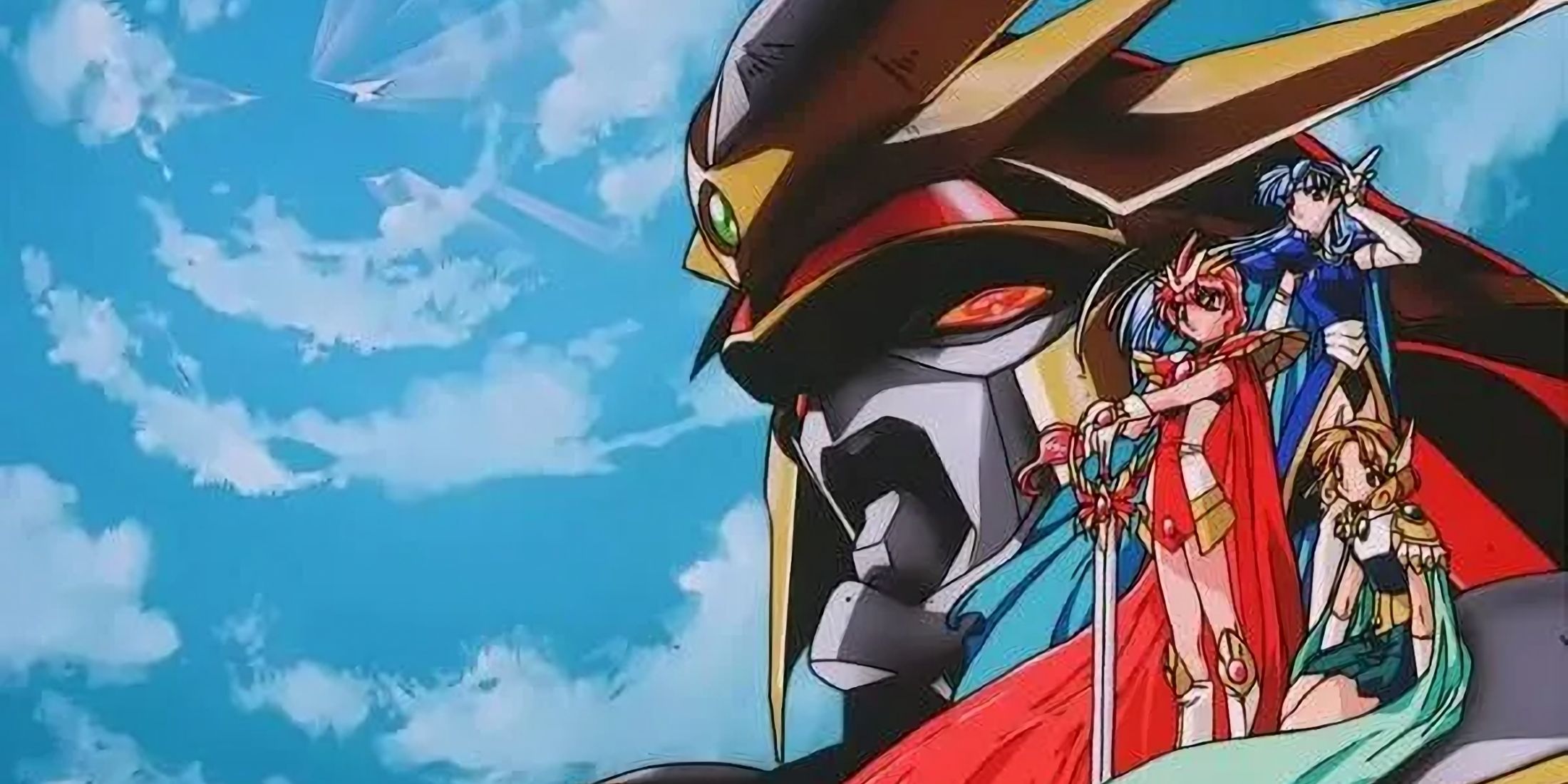 Rayearth with the magical girls, who are sitting on its shoulder, in the cover of the anime.