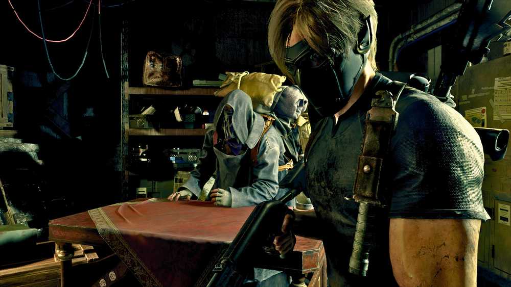 leon holding a shotgun next to the merchant in the resident evil 4 remake.