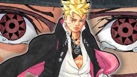 An image of Boruto Uzumaki in front of the background of Sarada Uchiha's eyes