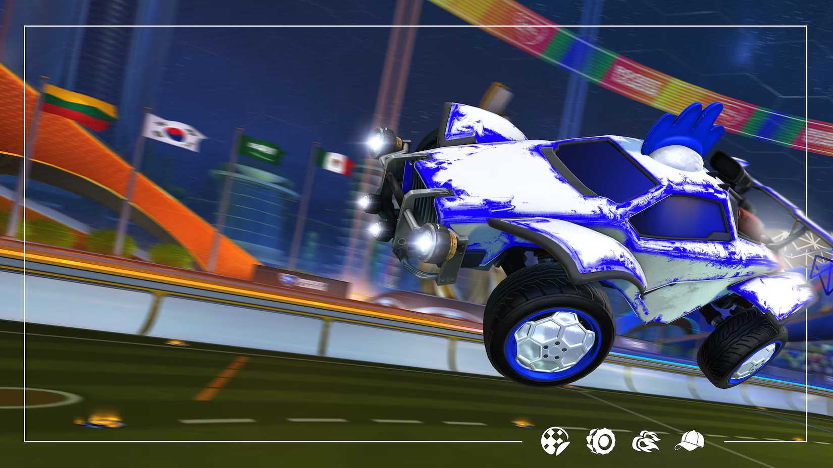 image showcasing heatwave decal, cristiano wheels, rooster comb, and fractal fire booster in rocket league's free ps plus pack.