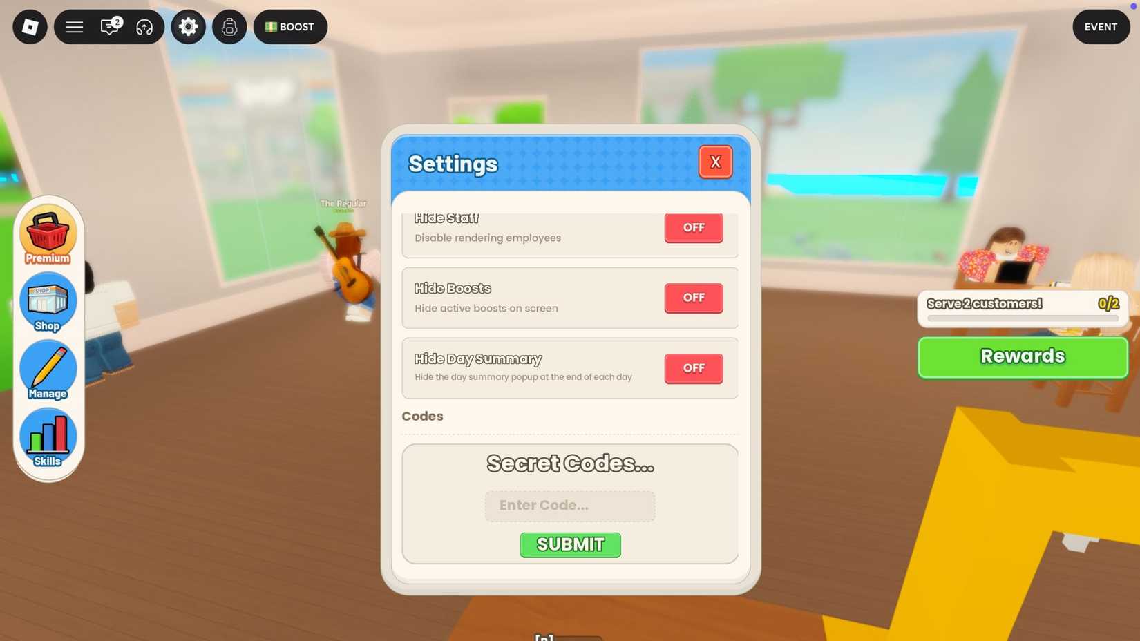 Run a restaurant on the codes tab