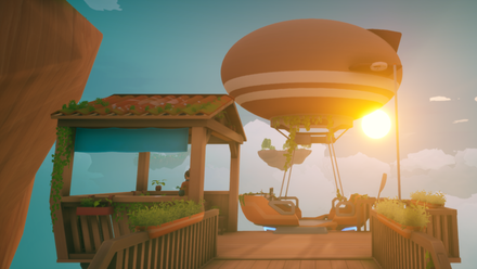 airship at dock with sun in the background in solarpunk