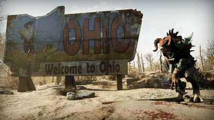 A Fallout 76 screenshot of an armored Deathclaw pet standing in front