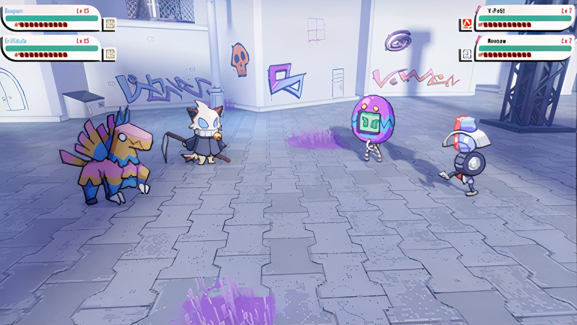 A combat snapshot from Cassette Beasts 2002, with four creatures fighing in a back alley.