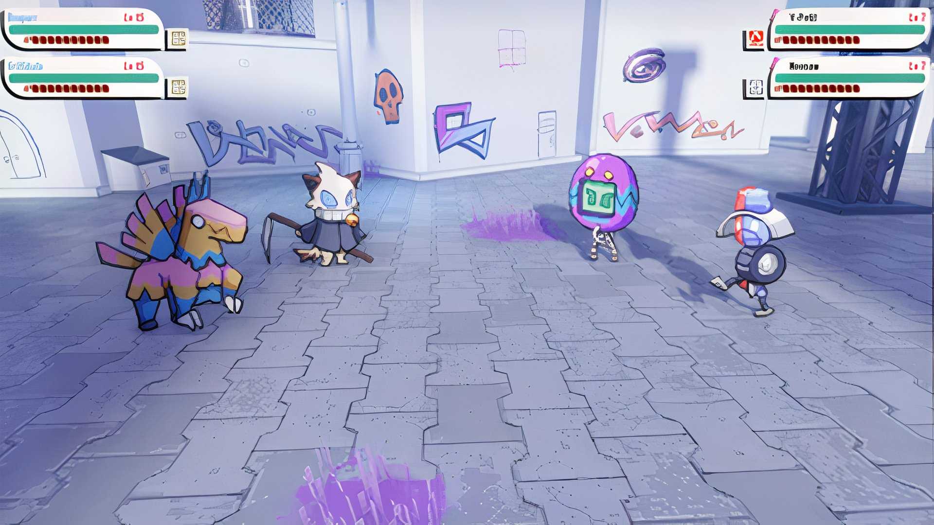 A combat snapshot from Cassette Beasts 2002, with four creatures fighing in a back alley.