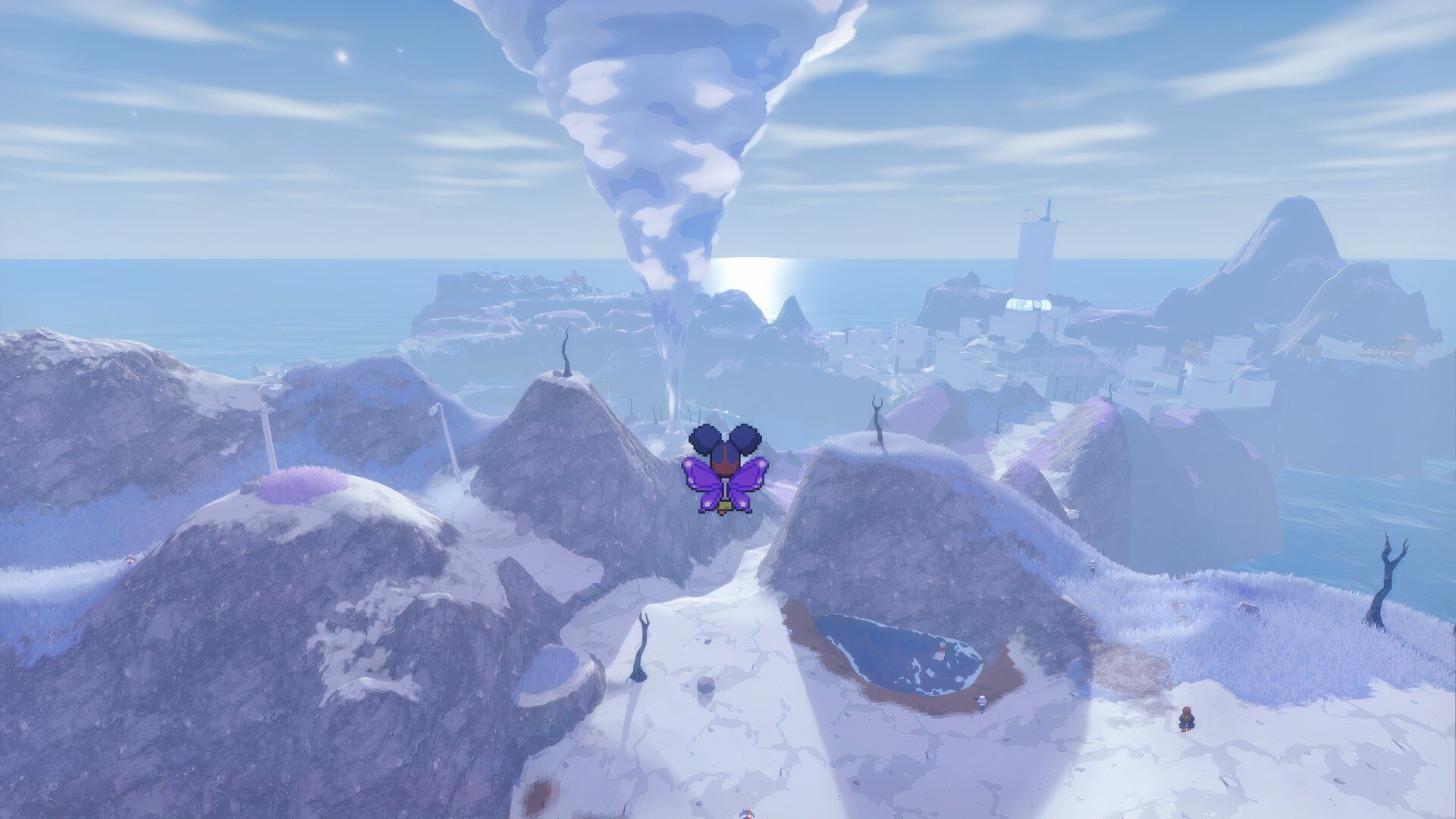 A creature from Cassette Beasts 2002 flying across a snowy landscape with a tornado in front