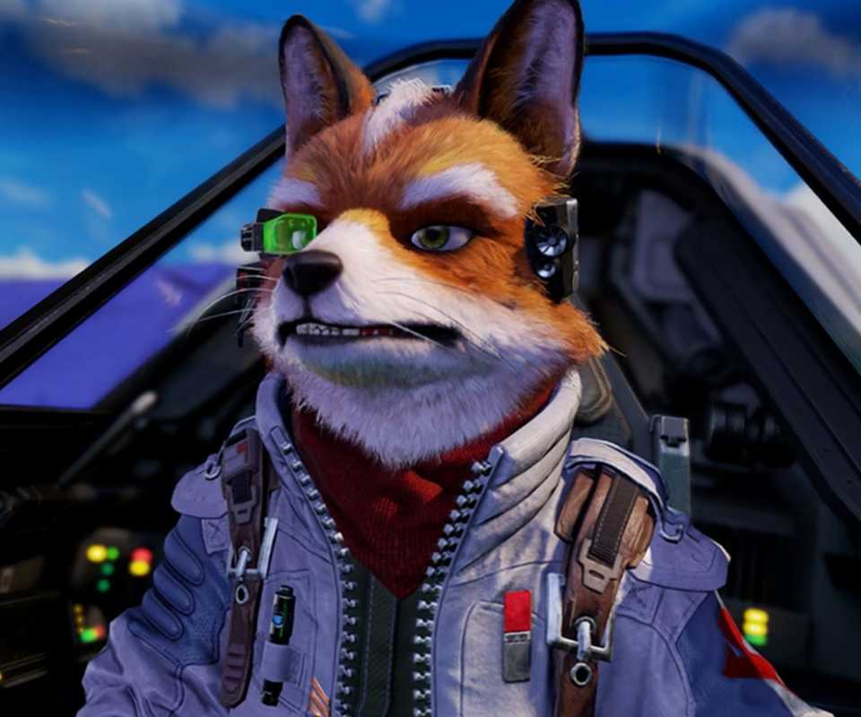 Fox McCloud sits in the cockpit of the Arwing starship and gives orders to the Star Fox squadron to extend their wings.