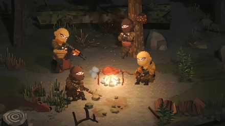 a team of four players in no such place gather around a fireplace.