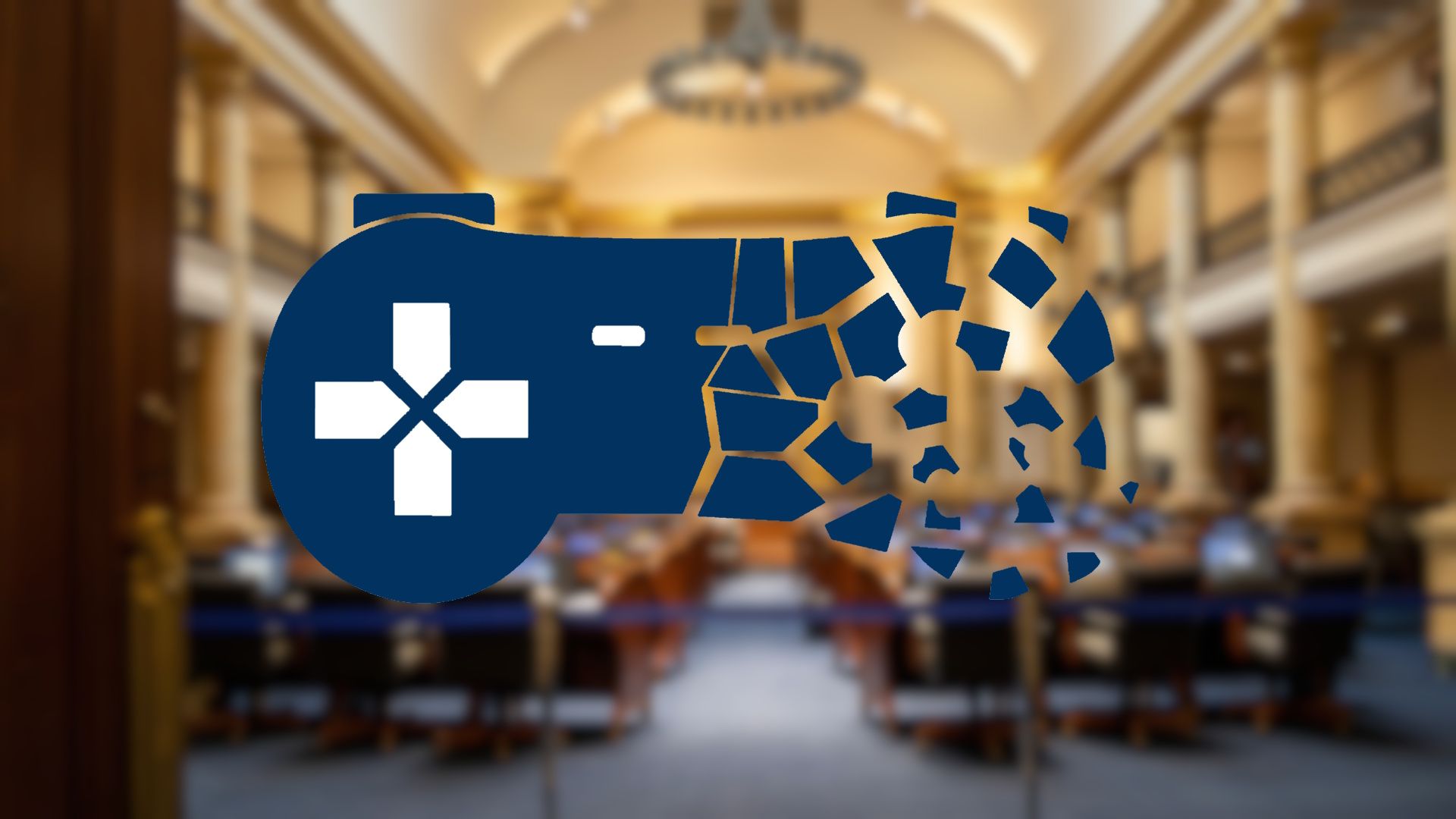 The Stop Killing Games logo against a blurred image of a senate chamber