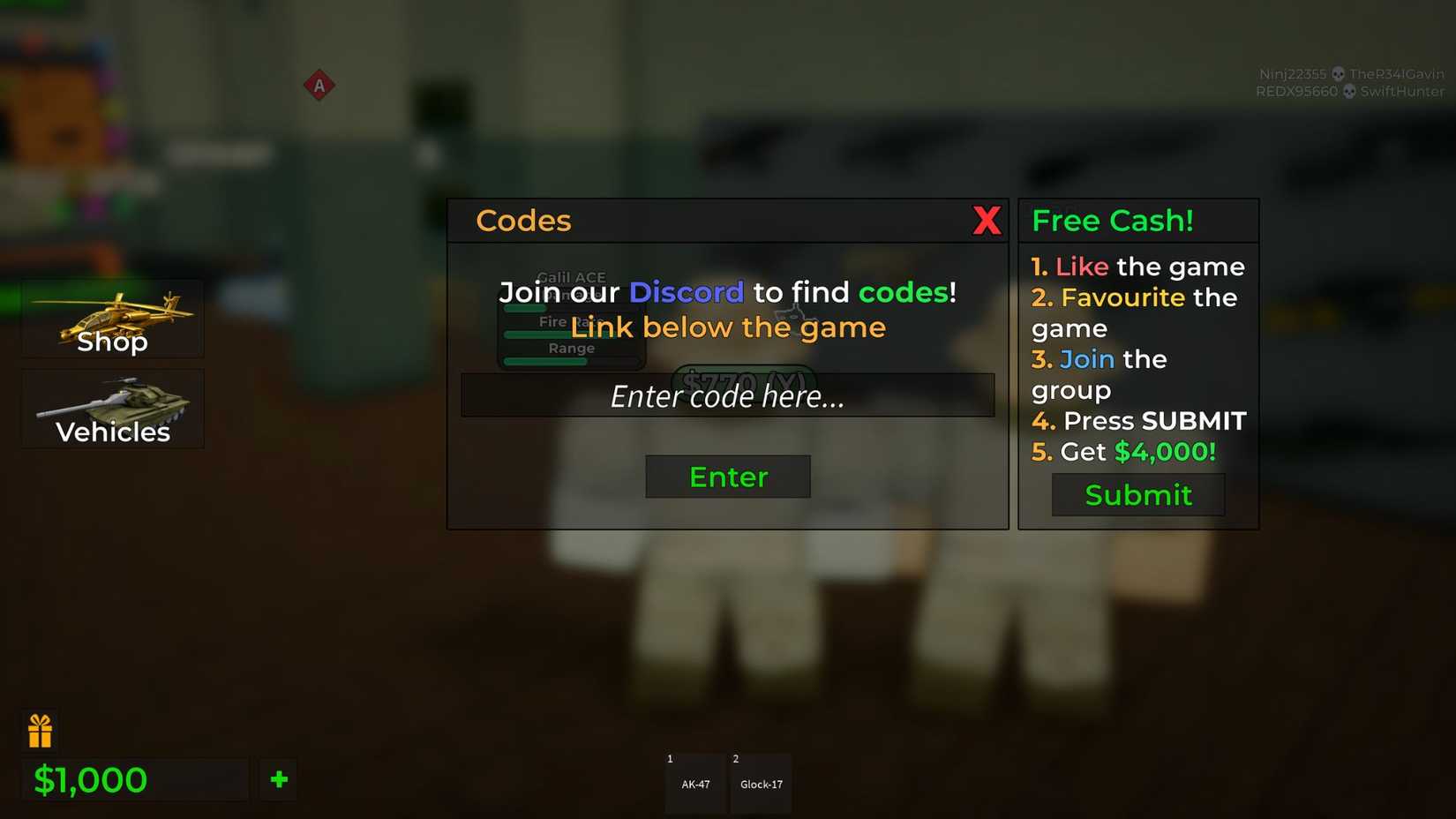 Strike Warfare the codes tab