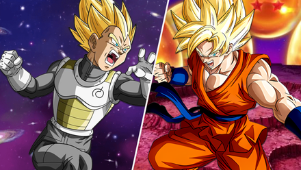 Super Saiyan Vegeta and Super Saiyan Goku in their Whis outfits