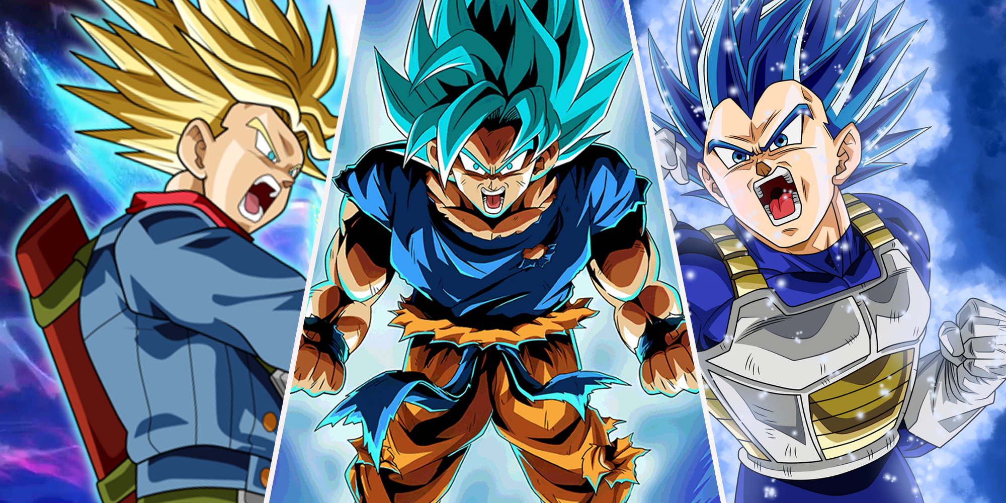 Super Saiyan Rage Trunks, Super Saiyan Blue Goku and Super Saiyan Blue Evolved Vegeta