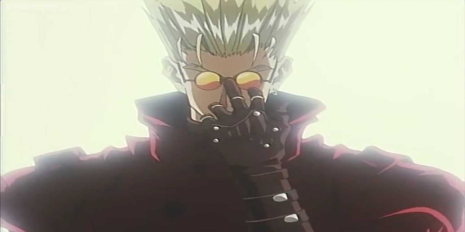 Trigun Episode 1 Vash the Stampede adjusting his glasses with left hand