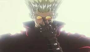 Trigun Episode 1 Vash the Stampede adjusting his glasses with left hand