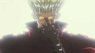 Trigun Episode 1 Vash the Stampede adjusting his glasses with left hand