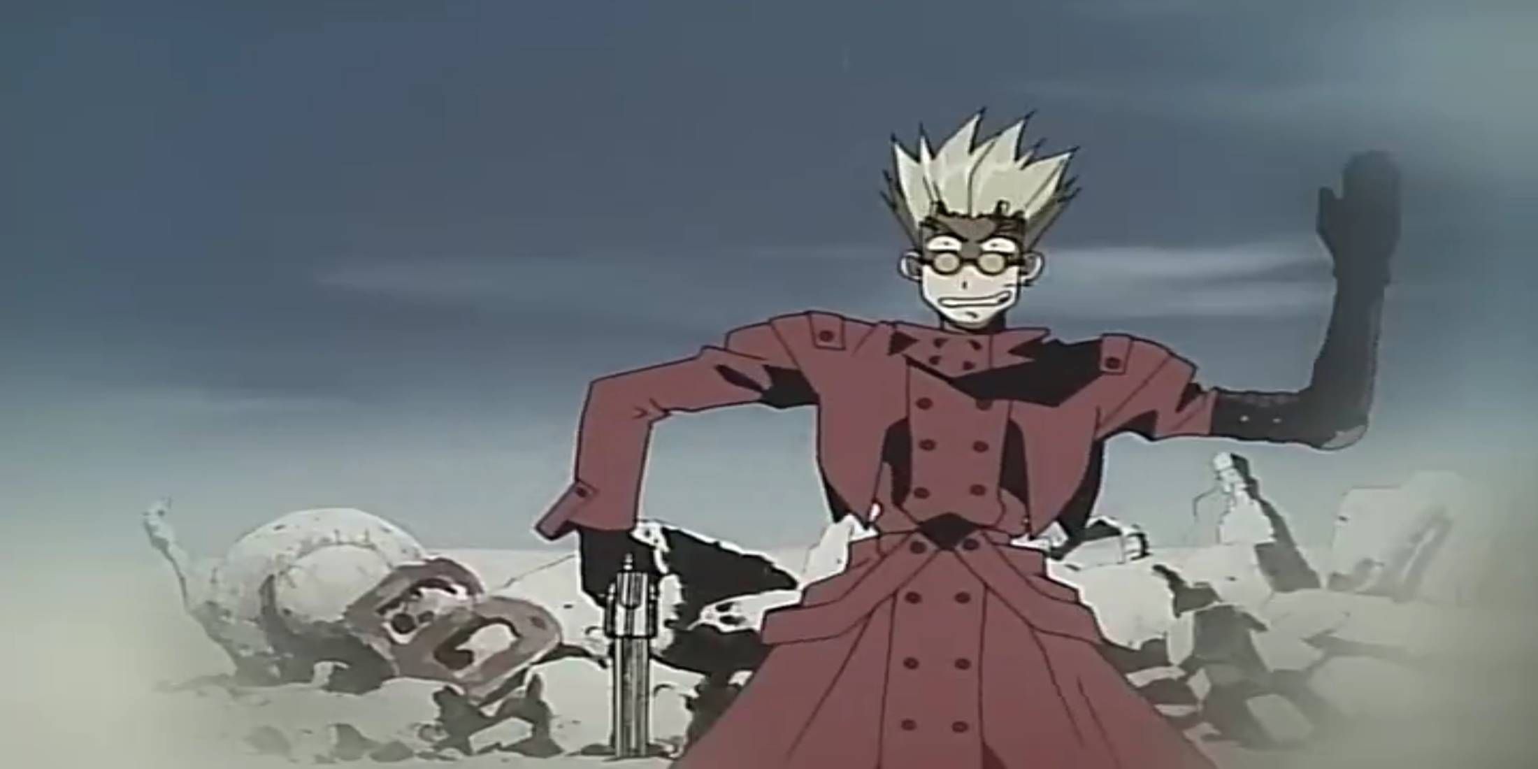 Trigun Episode 1 Vash the Stampede in a funny pose mid-fight with gun against violent locals