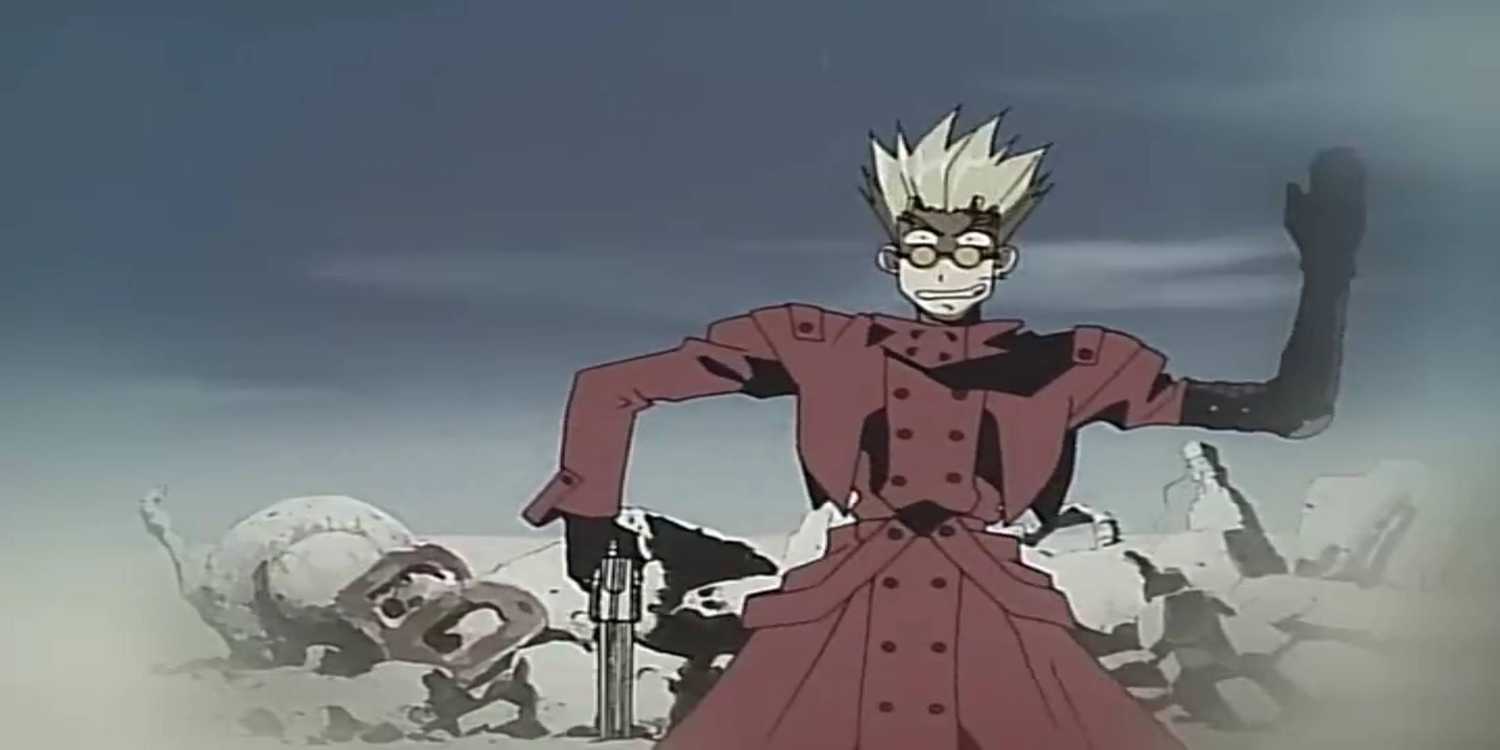 Trigun Episode 1 Vash the Stampede in a funny pose mid-fight with gun against violent locals
