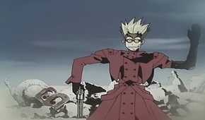 Trigun Episode 1 Vash the Stampede in a funny pose mid-fight with gun against violent locals