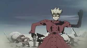 Trigun Episode 1 Vash the Stampede in a funny pose mid-fight with gun against violent locals