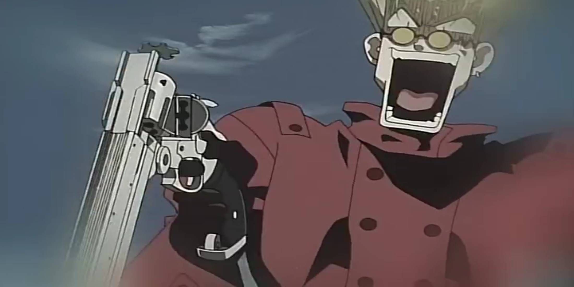 Trigun Episode 1 Vash the Stampede making an exagerated anxious expression while reloading his revolver mid-fight