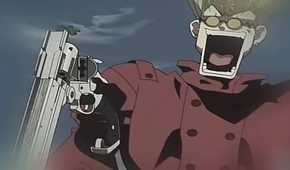 Trigun Episode 1 Vash the Stampede making an exagerated anxious expression while reloading his revolver mid-fight