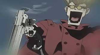 Trigun Episode 1 Vash the Stampede making an exagerated anxious expression while reloading his revolver mid-fight