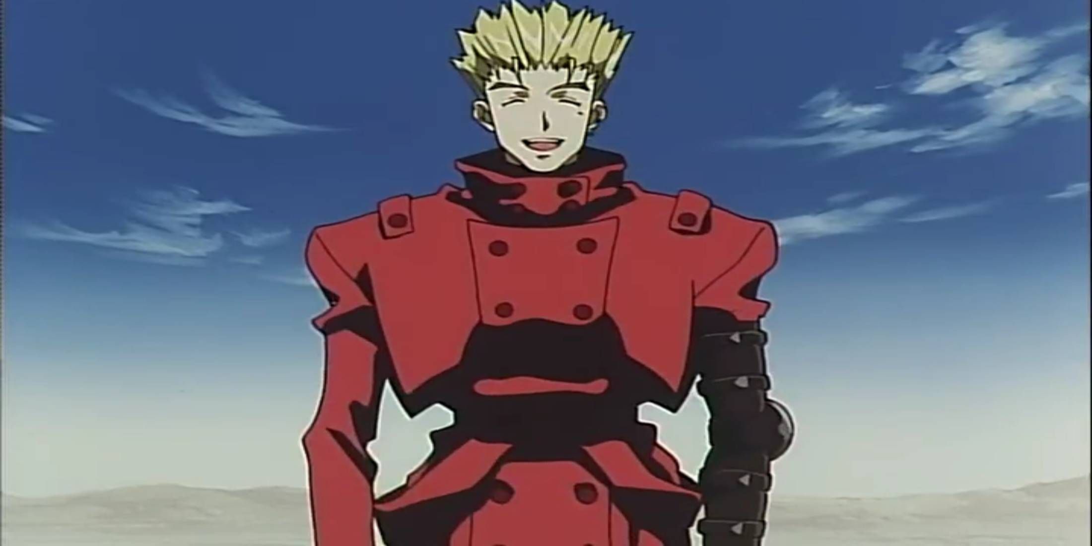 Trigun Episode 1 Vash the Stampede without his glasses being friendly with locals