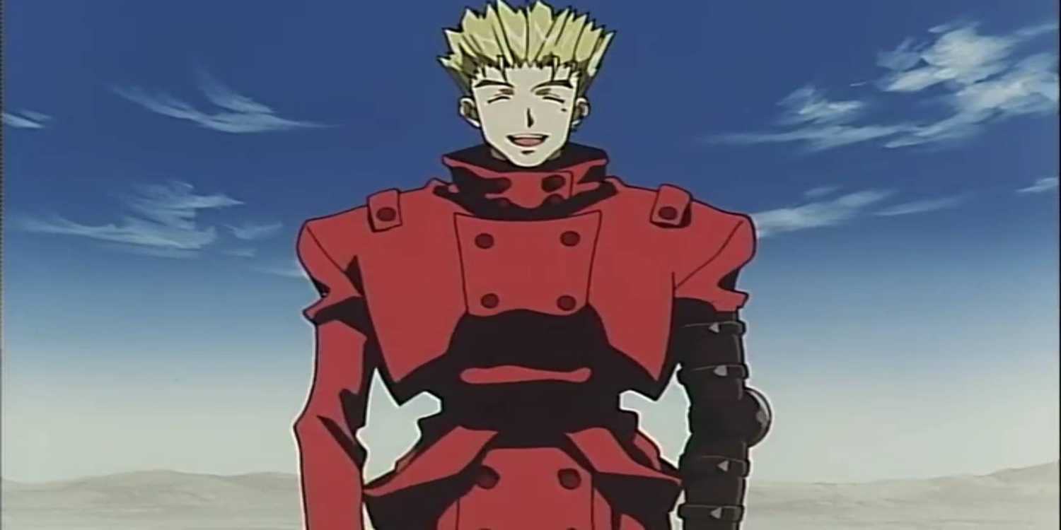 Trigun Episode 1 Vash the Stampede without his glasses being friendly with locals