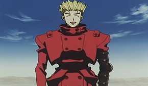 Trigun Episode 1 Vash the Stampede without his glasses being friendly with locals