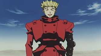 Trigun Episode 1 Vash the Stampede without his glasses being friendly with locals