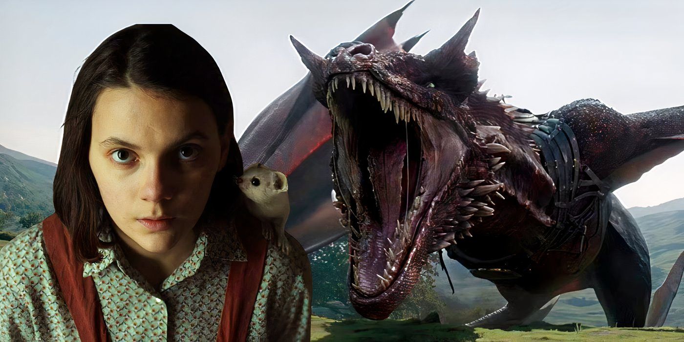 A combined image of Lyra in His Dark Materials and a dragon in House of the Dragon