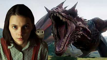 A combined image of Lyra in His Dark Materials and a dragon in House of the Dragon