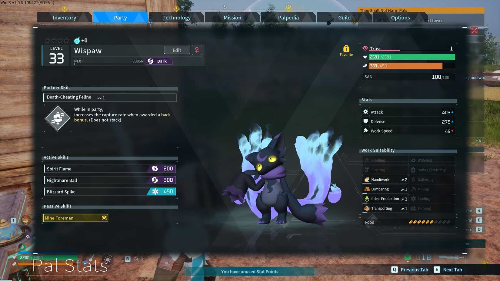 Palworld Wispaw Stats