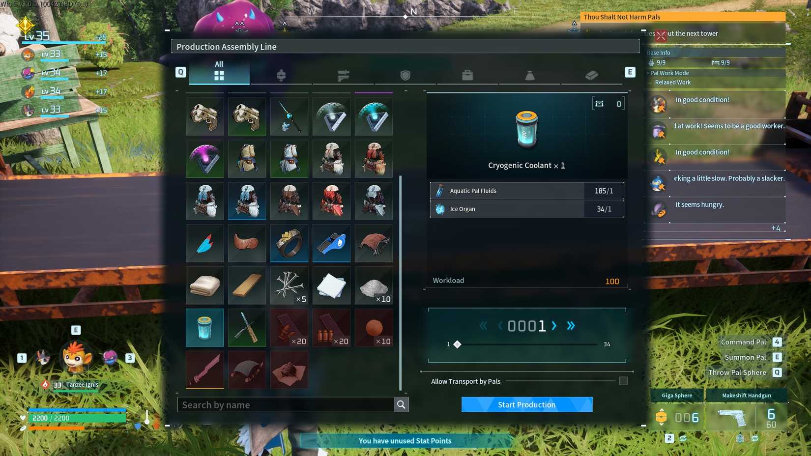Palworld Cryogenic Coolant Crafting Window
