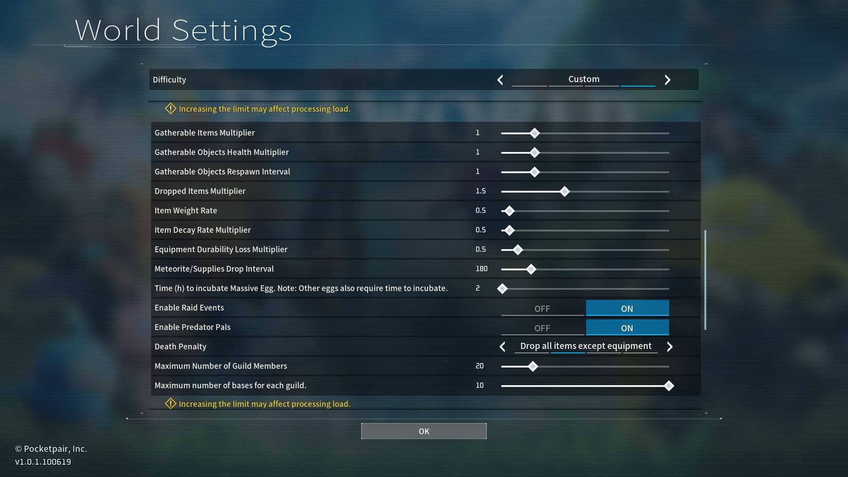 Palworld World Settings Drop Rate slider