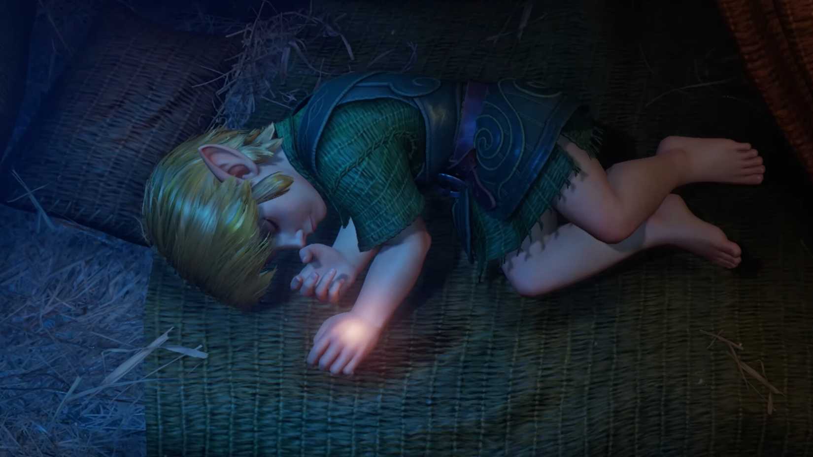 An overhead shot of Kid Link sleeping as his Triforce insignia starts to glow in the Legend of Zelda: Ocarina of Time Remake