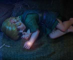 An overhead shot of Kid Link sleeping as his Triforce insignia starts to glow in the Legend of Zelda: Ocarina of Time Remake