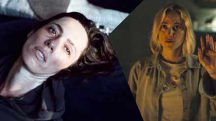 A combined image of Rebecca Hall in Resurrection and Maika Monroe in Watcher